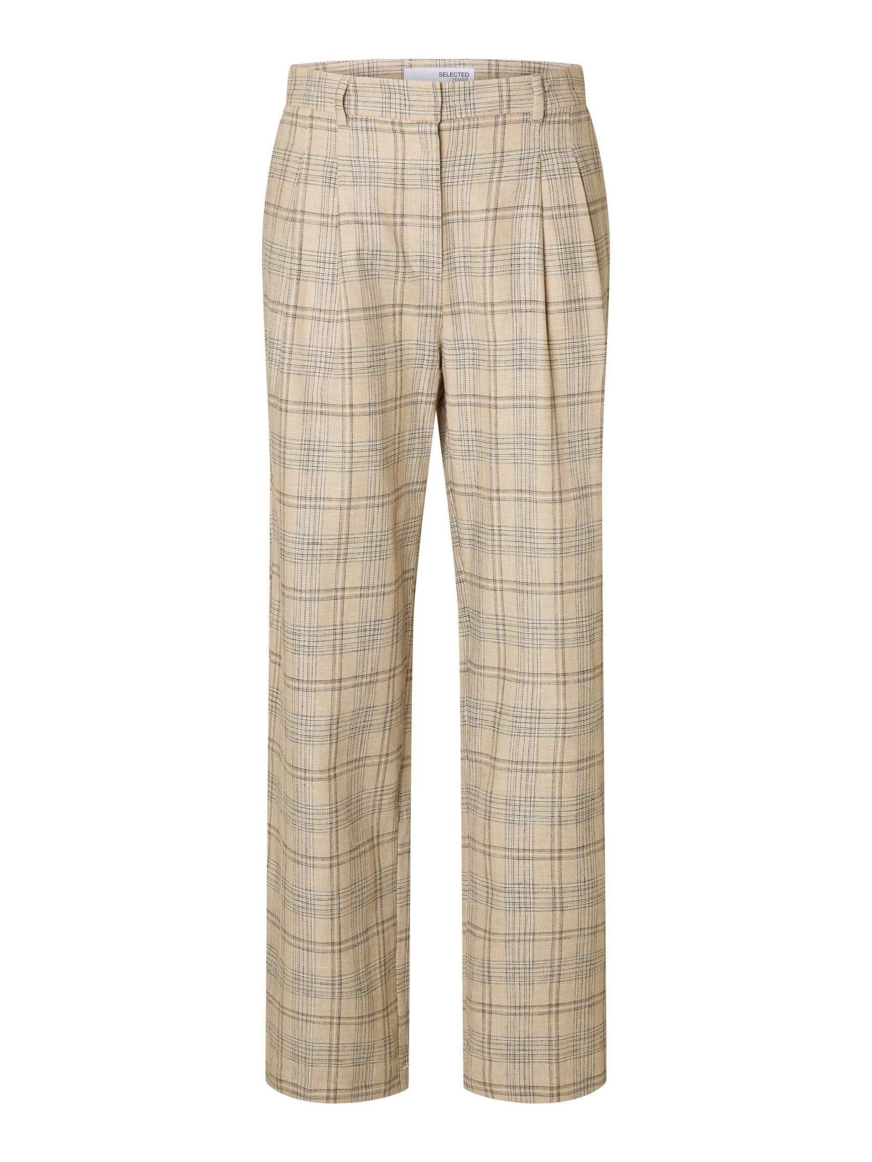 LINEN BLEND CHECKED WIDE-LEG TROUSERS