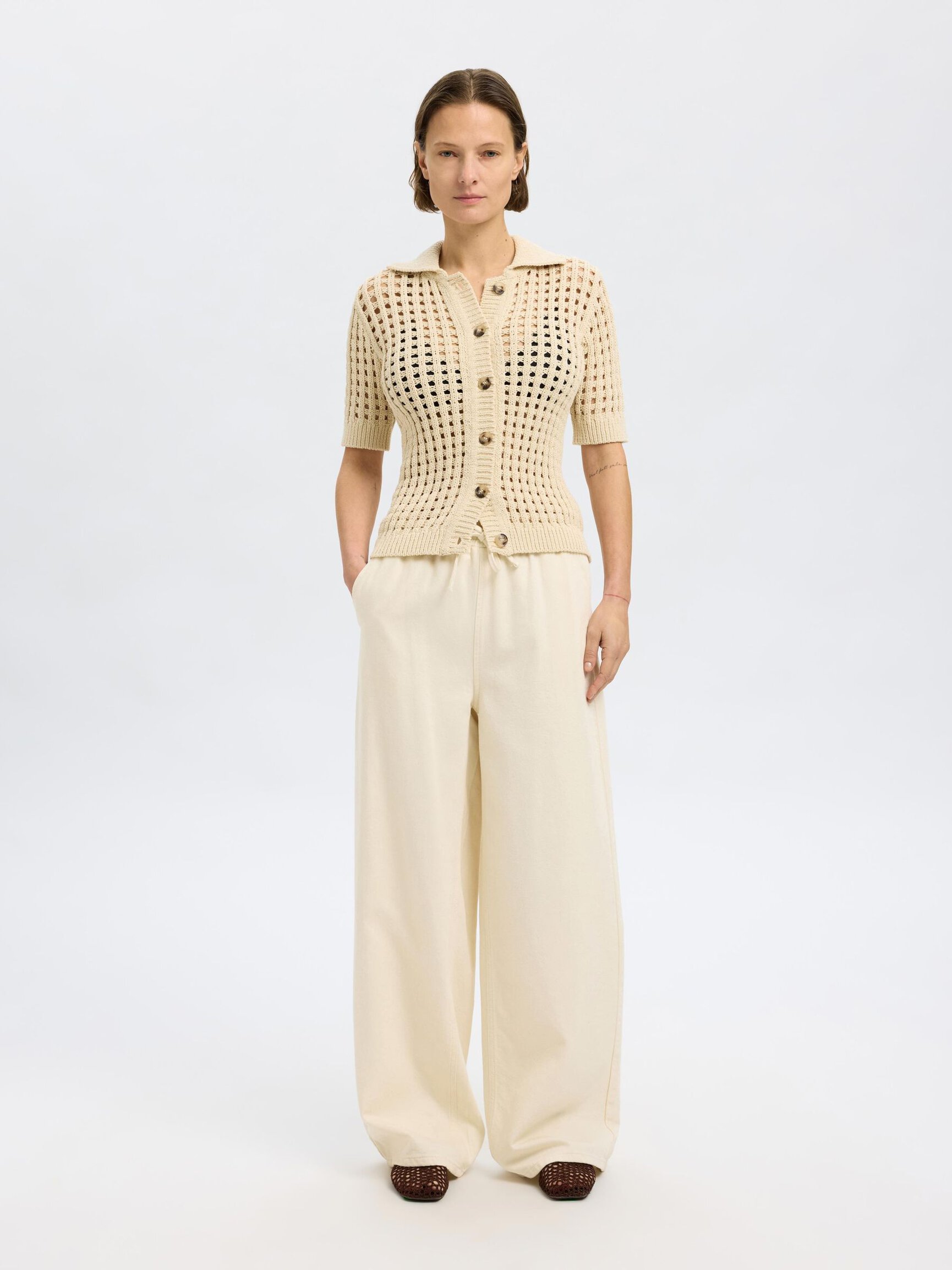 COTTON BLEND WIDE-LEG TROUSERS