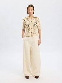 COTTON BLEND WIDE-LEG TROUSERS, Ecru, highres