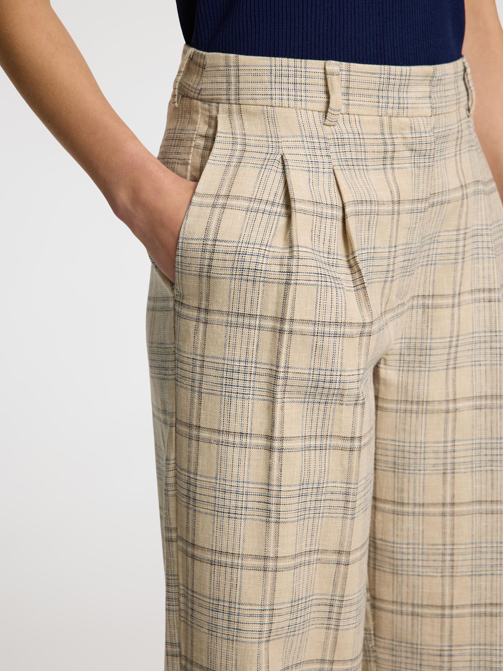 LINEN BLEND CHECKED WIDE-LEG TROUSERS