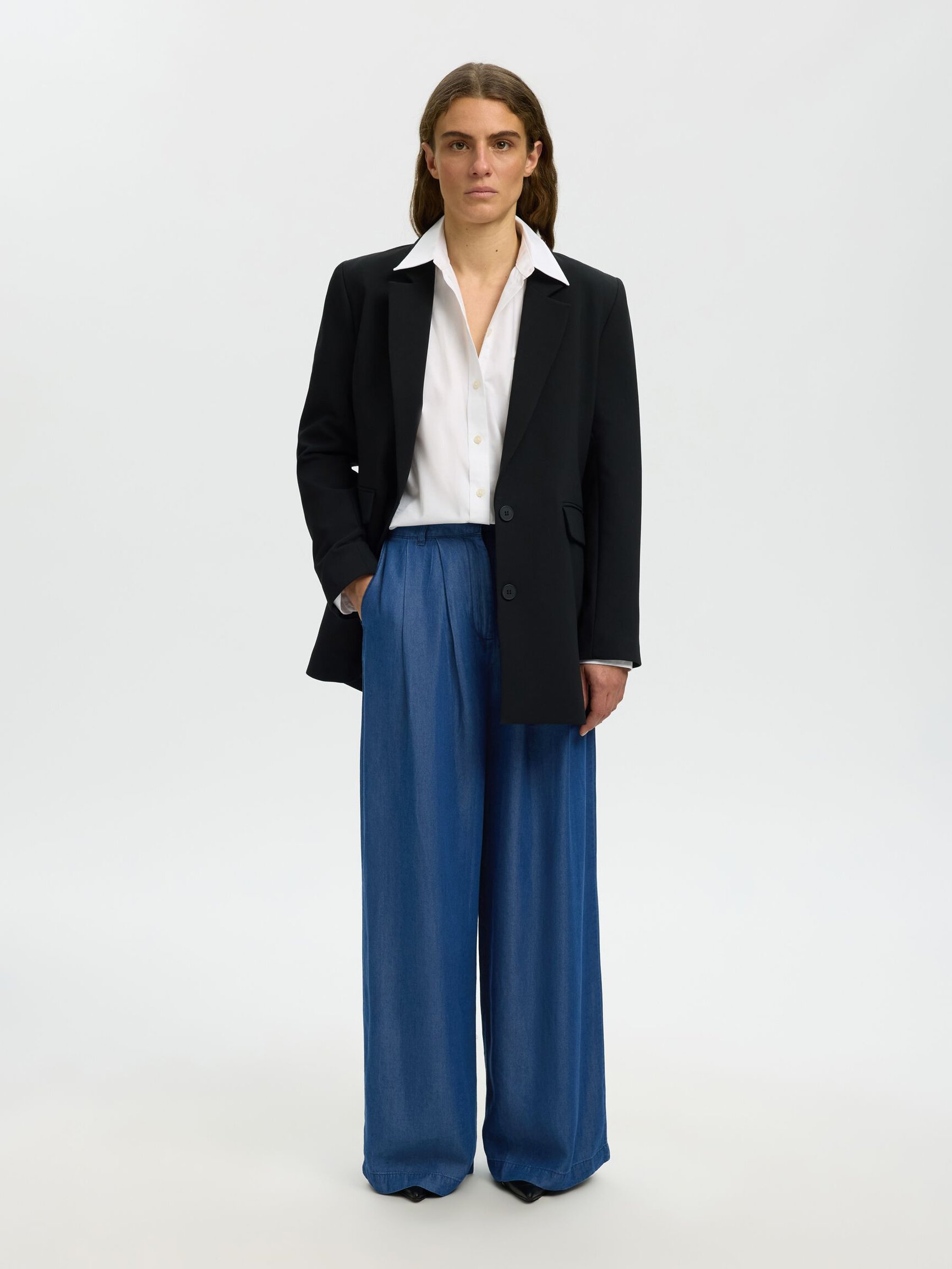 CHAMBRAY WIDE-LEG TROUSERS