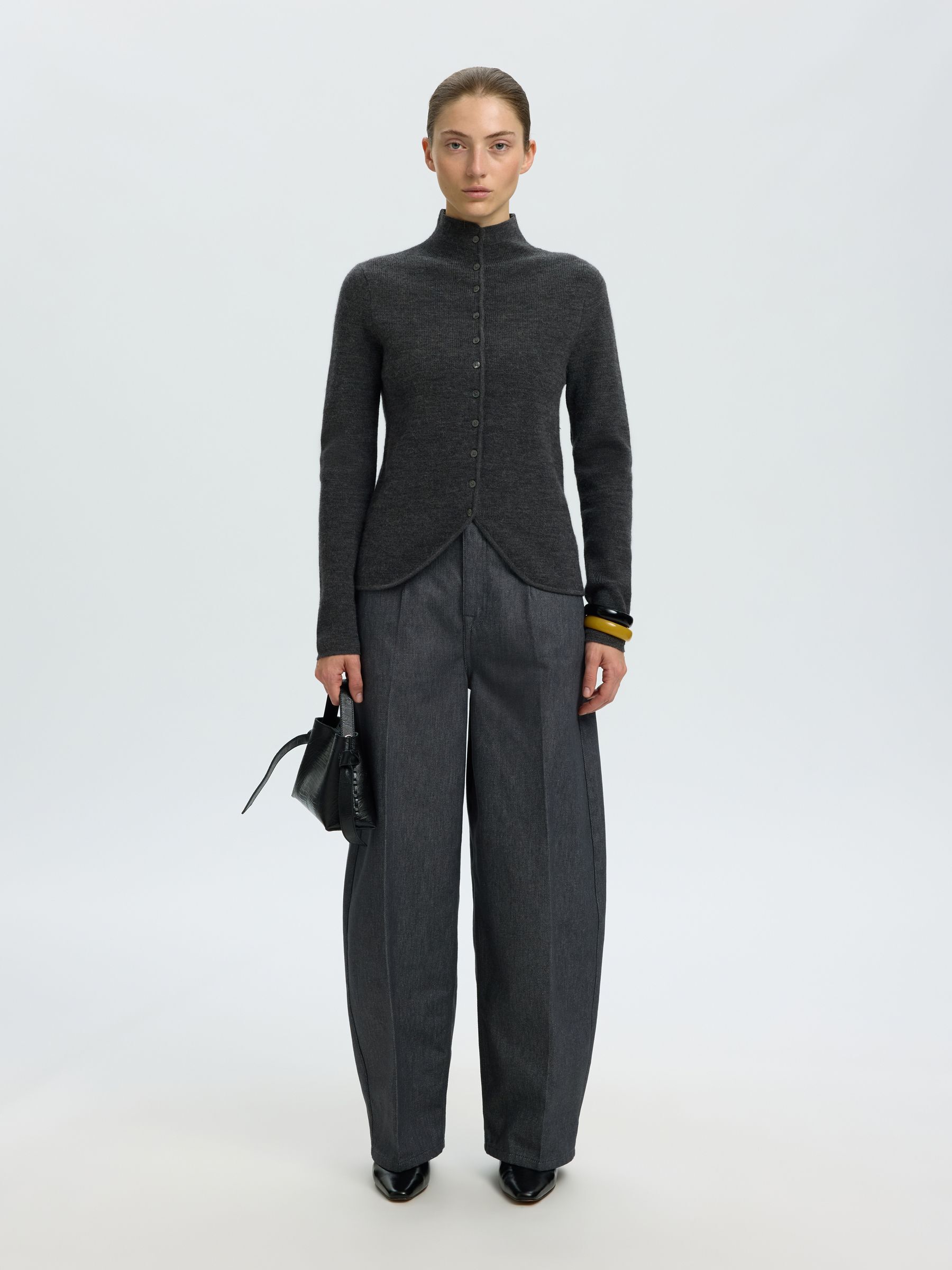 HIGH-NECK BUTTON-THROUGH KNITTED CARDIGAN