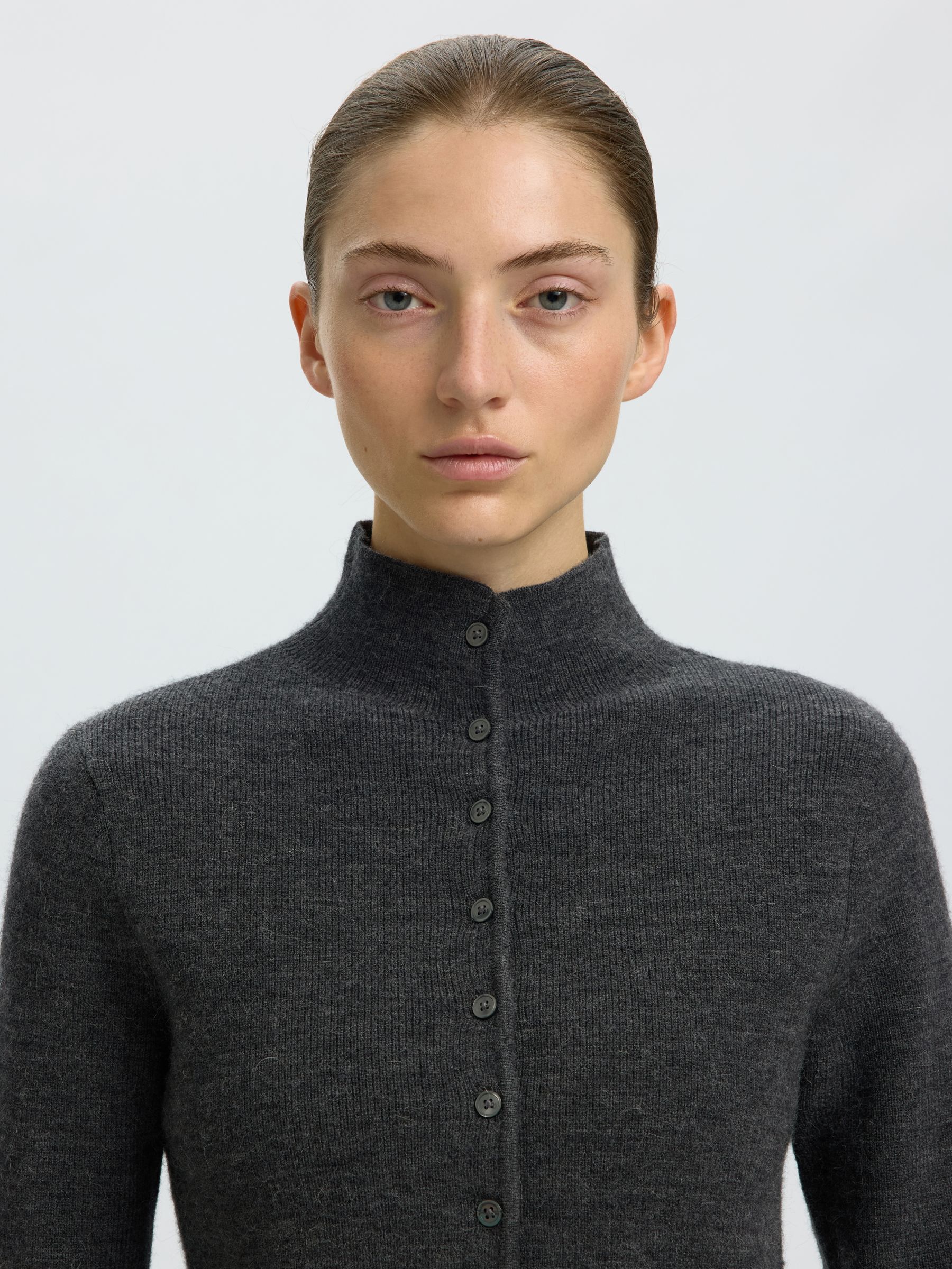 HIGH-NECK BUTTON-THROUGH KNITTED CARDIGAN