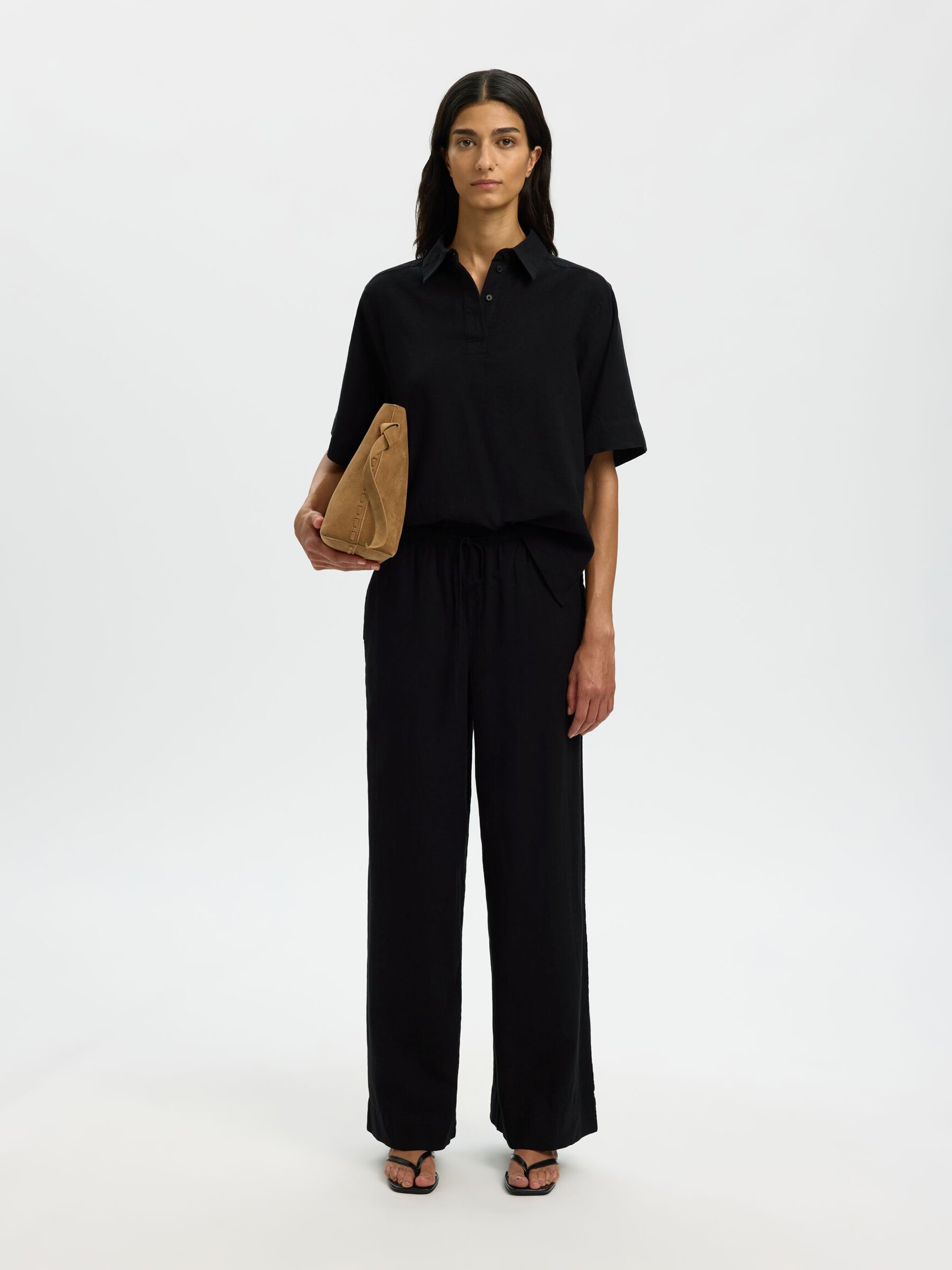 LINEN BLEND WIDE-LEG TROUSERS