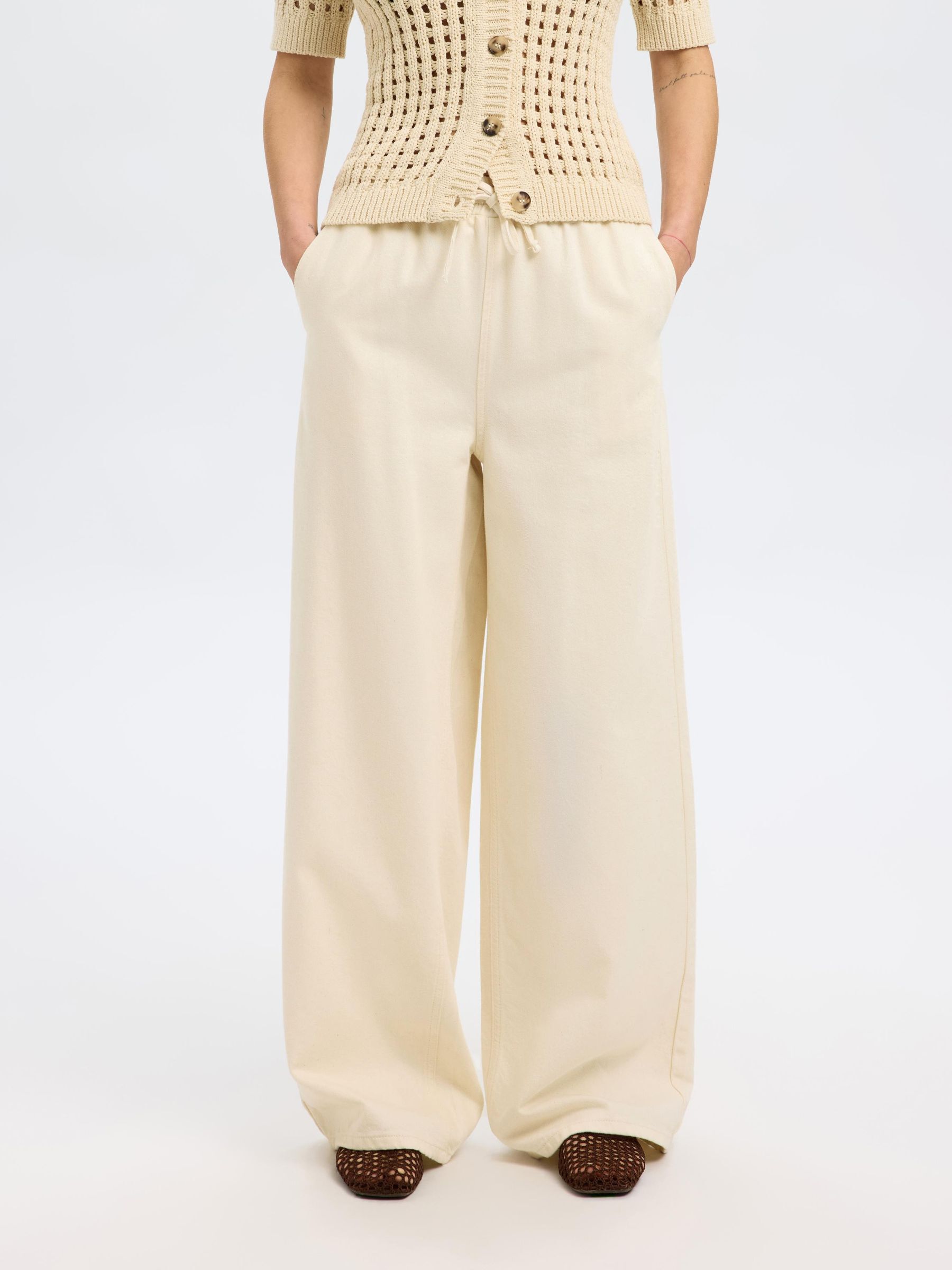 COTTON BLEND WIDE-LEG TROUSERS
