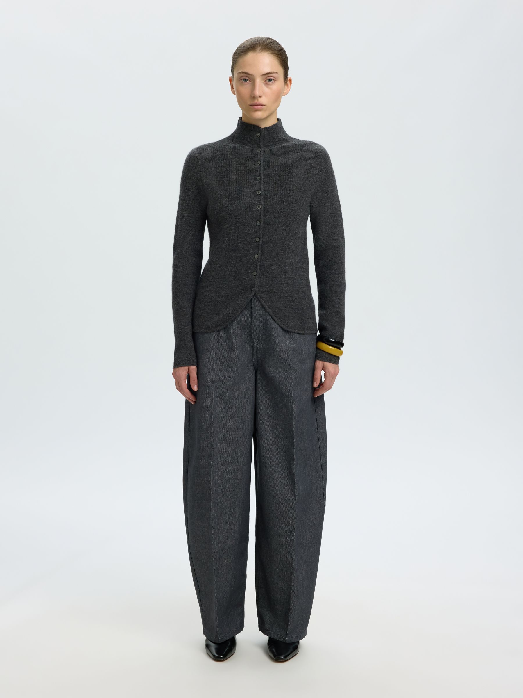 HIGH-NECK BUTTON-THROUGH KNITTED CARDIGAN