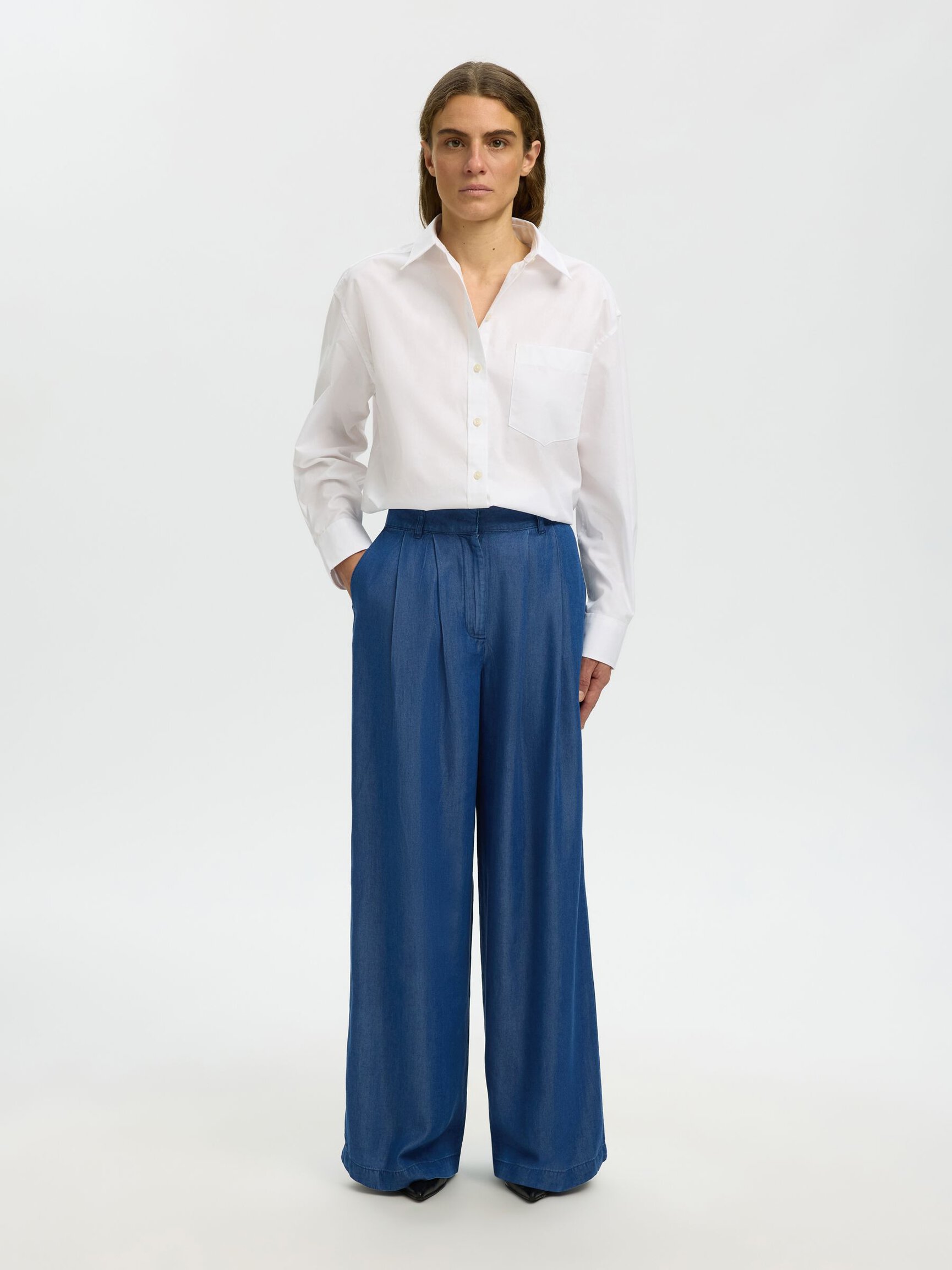 CHAMBRAY WIDE-LEG TROUSERS