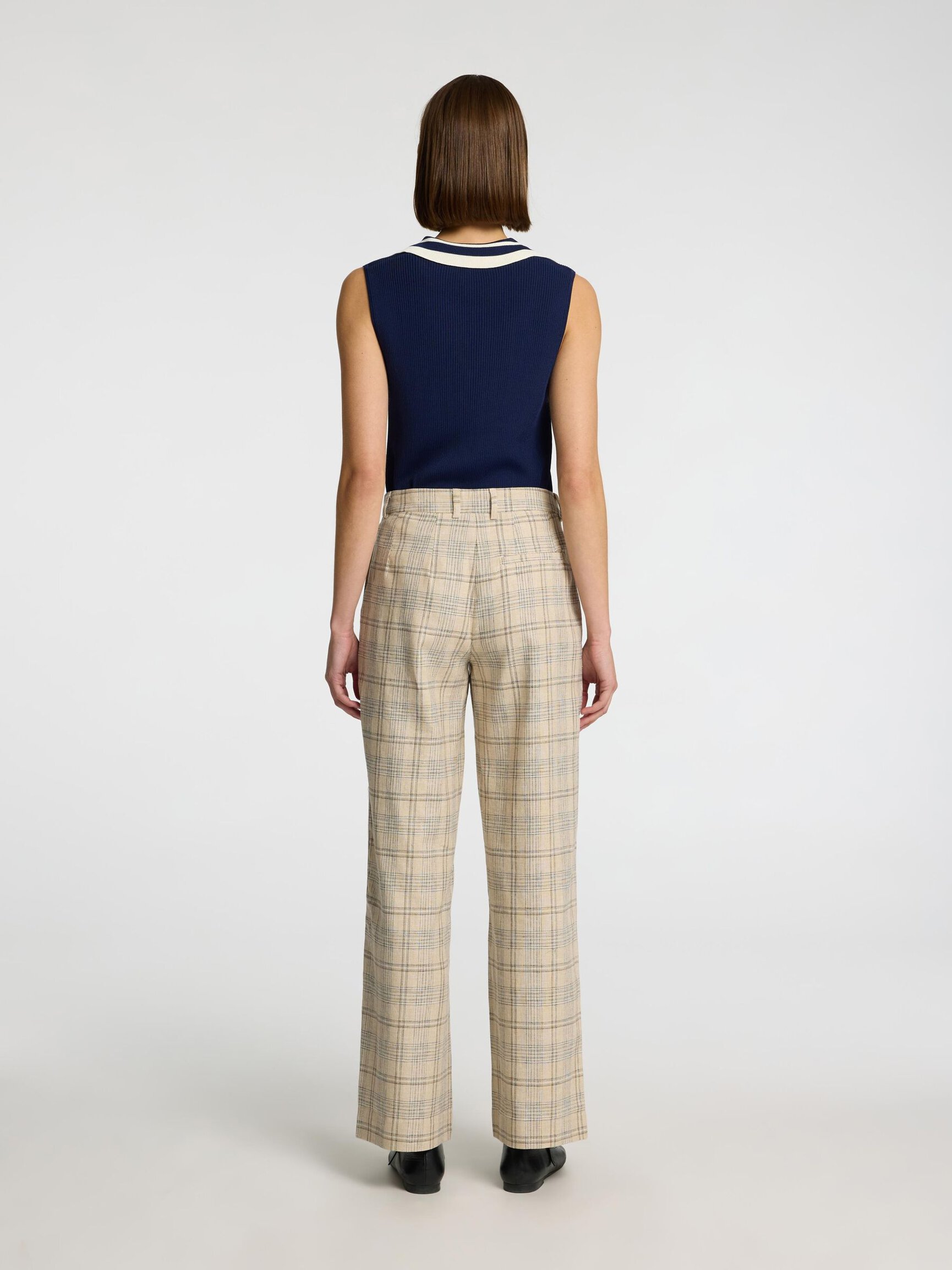 LINEN BLEND CHECKED WIDE-LEG TROUSERS
