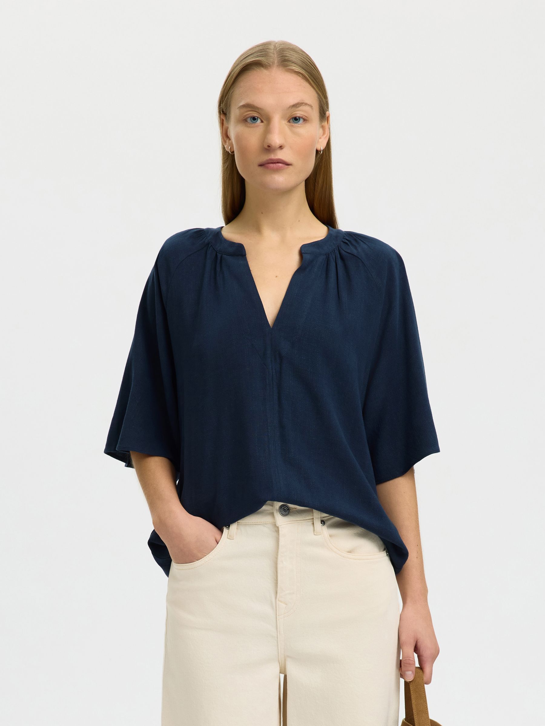 VISCOSE BLEND V-NECK BLOUSE