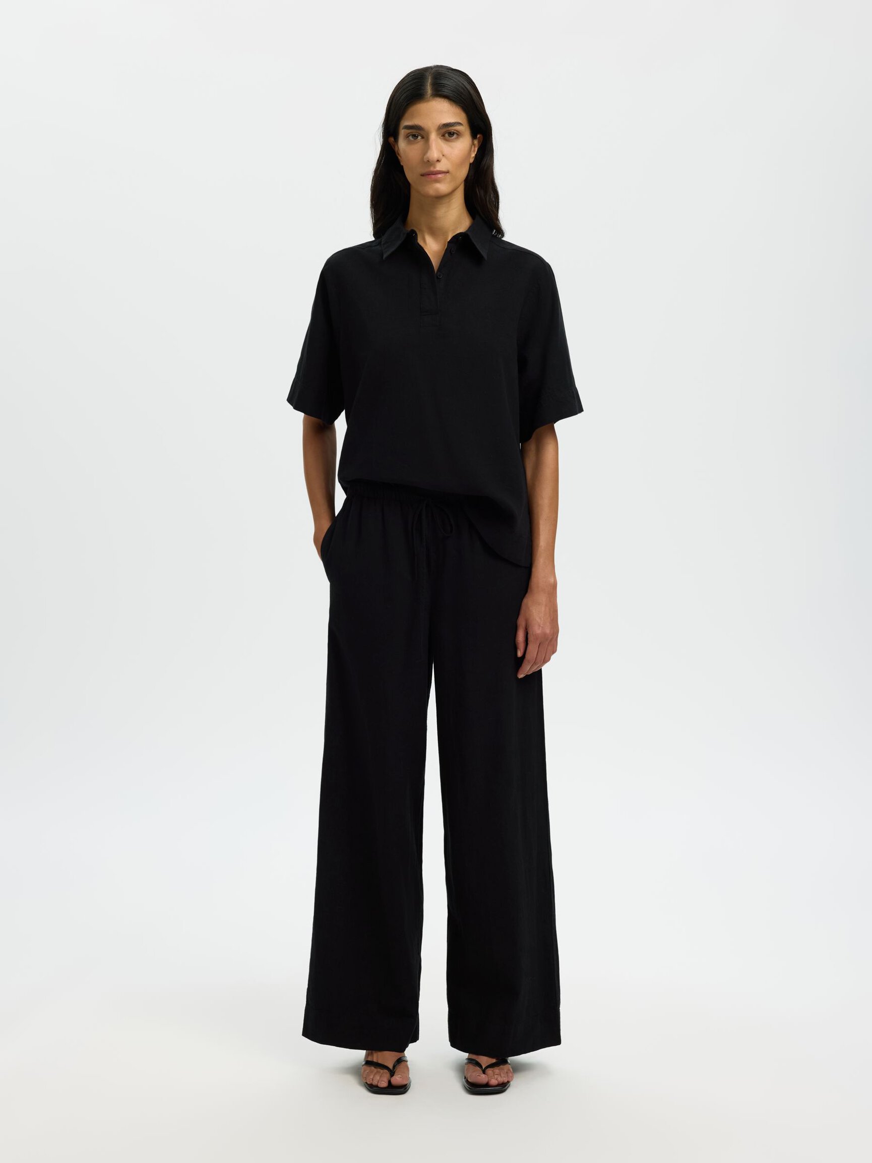 LINEN BLEND WIDE-LEG TROUSERS