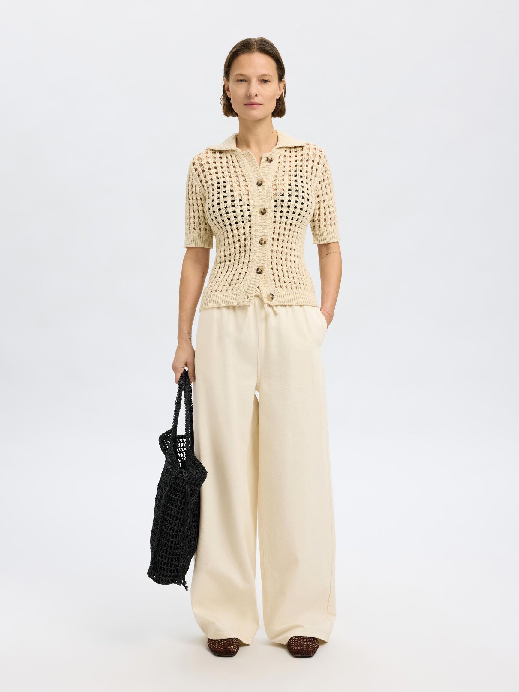 COTTON BLEND WIDE-LEG TROUSERS