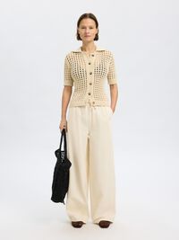 COTTON BLEND WIDE-LEG TROUSERS, Ecru, highres